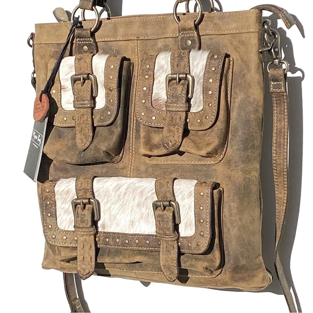NWT LEATHER CUBE MESA POUCHED CANVAS HAIRON BAG by Myra - Picture 4 of 7